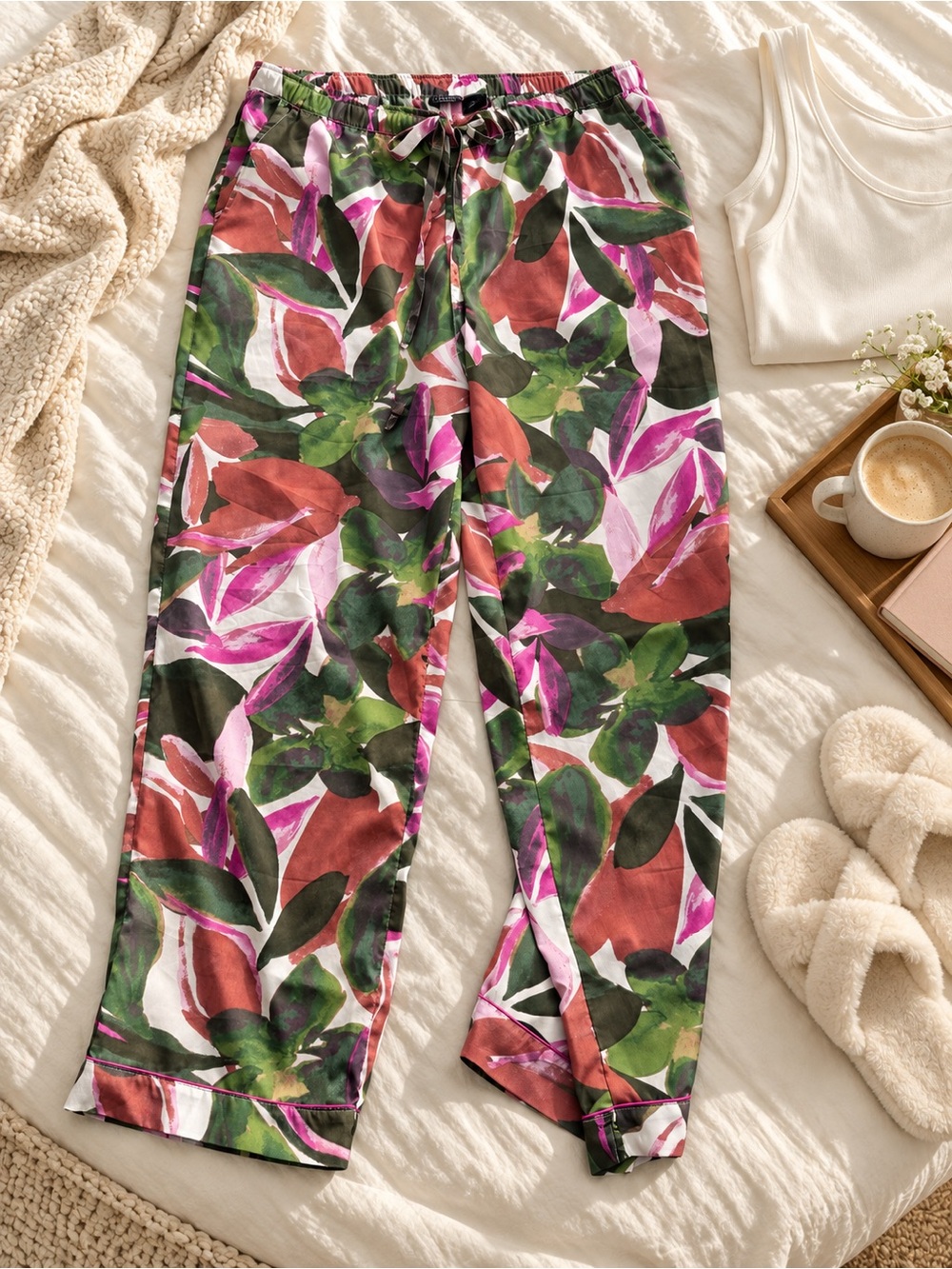 Tahari Pajama Pants Womens Large Tropical Floral Drawstring Lounge Pink Green